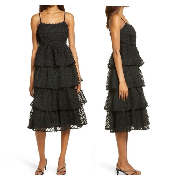 ❤️ Lulus Flirting with You Black Tiered Pom Pom Midi Dress - Picture 13 of 17